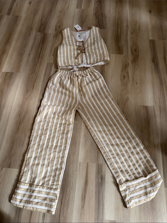 Line & Dot Pants - Line & Dot Striped Cream and Tan Wide-Leg Two-Piece Set